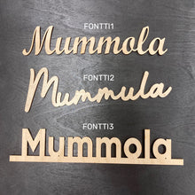 Katso kuvagalleriassa, mummola, mummula, puinen kyltti, vanerikyltti mummulle, puukyltti oveen, ovikyltti
